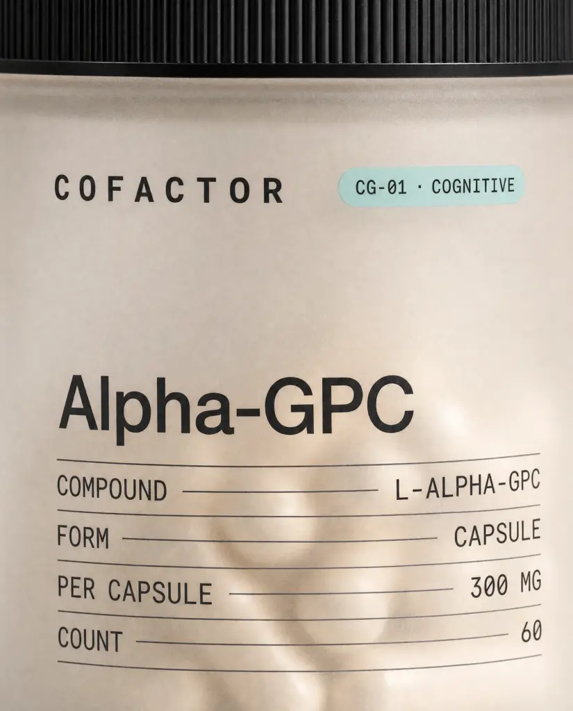 Close-up of the Alpha-GPC front panel, showing the printed specification table.