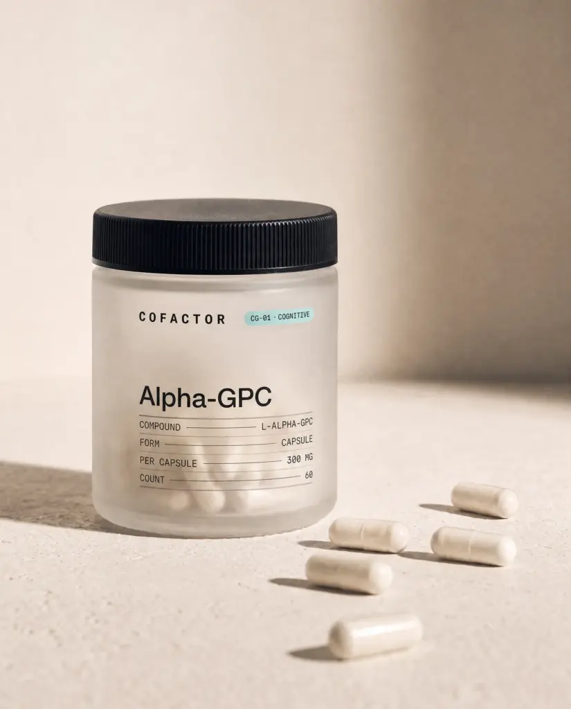 Alpha-GPC jar with several capsules on the surface beside it.