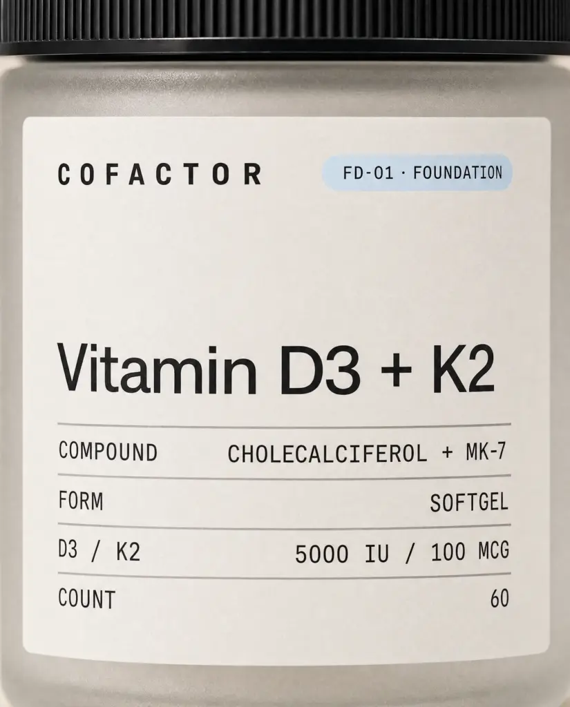 Close-up of the Vitamin D3 + K2 front panel, showing the printed specification table.