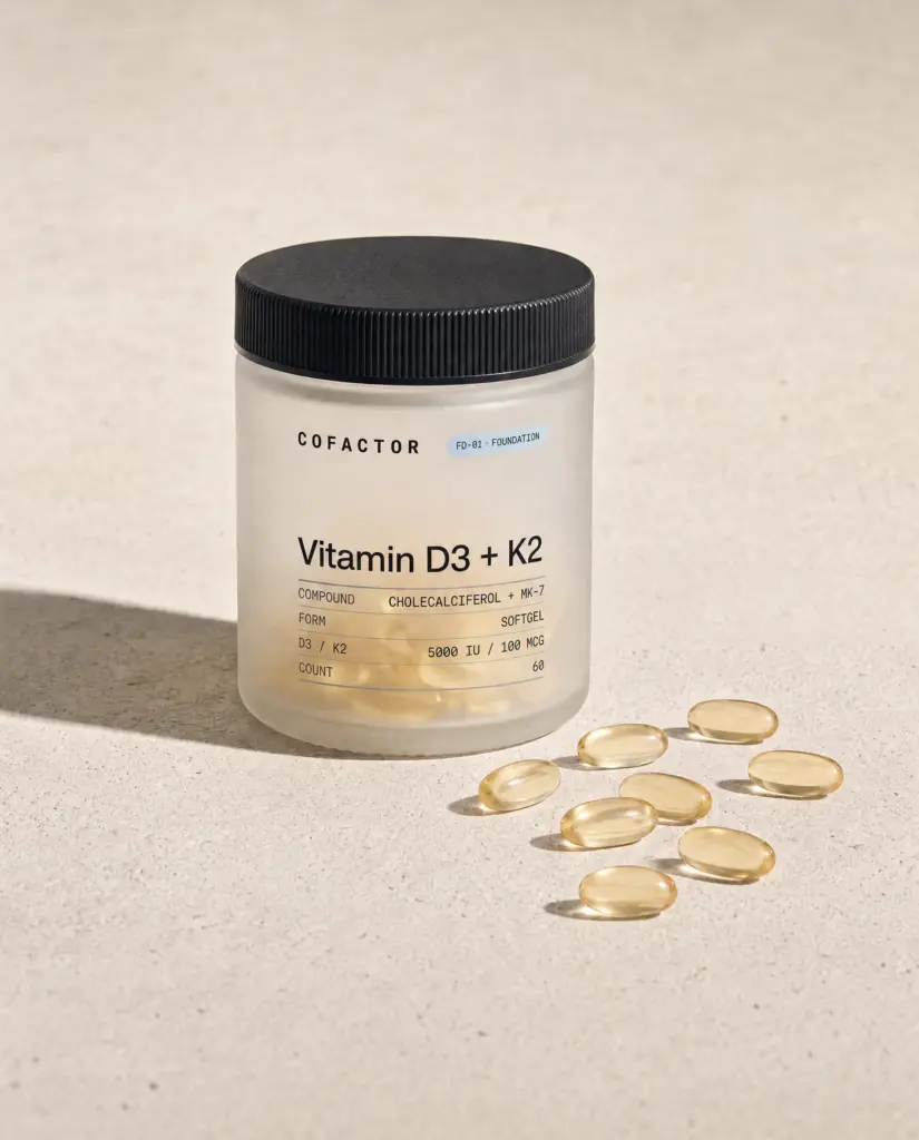 Vitamin D3 + K2 jar with several softgels on the surface beside it.