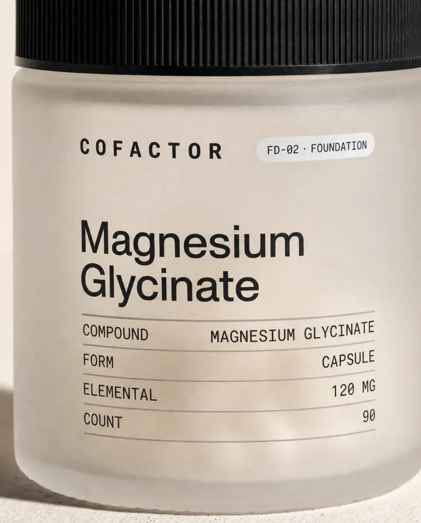 Close-up of the COFACTOR Magnesium Glycinate front panel showing compound, form, 120 mg elemental and a count of 90.