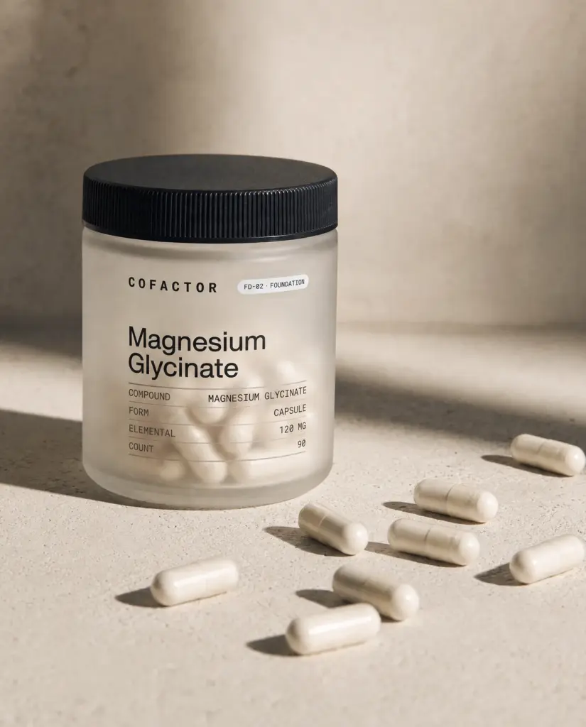 COFACTOR Magnesium Glycinate jar with several capsules on the surface beside it.