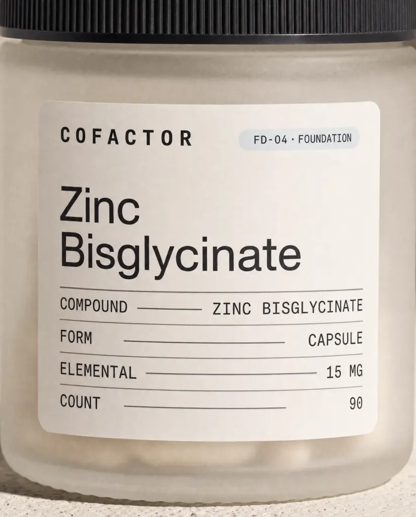 Close-up of the Zinc Bisglycinate front panel, showing the printed specification table.