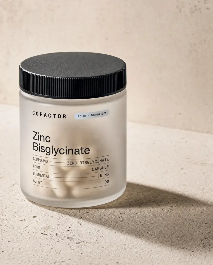 Zinc Bisglycinate jar at a three-quarter angle, frosted glass with a matte black cap.