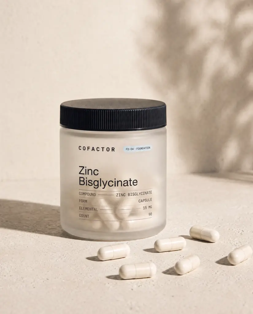 Zinc Bisglycinate jar with several capsules on the surface beside it.