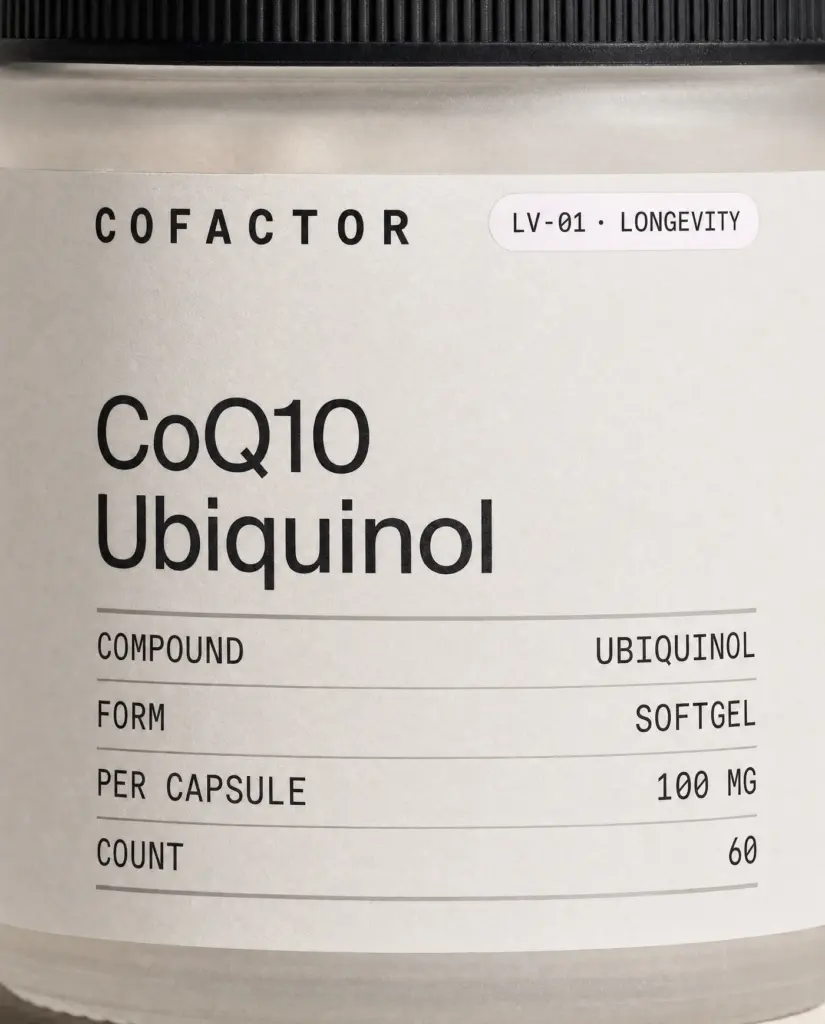 Close-up of the CoQ10 Ubiquinol front panel, showing the printed specification table.