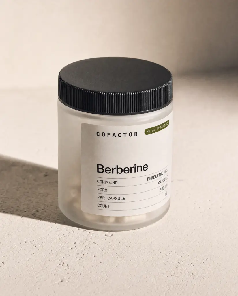 Berberine jar at a three-quarter angle, frosted glass with a matte black cap.