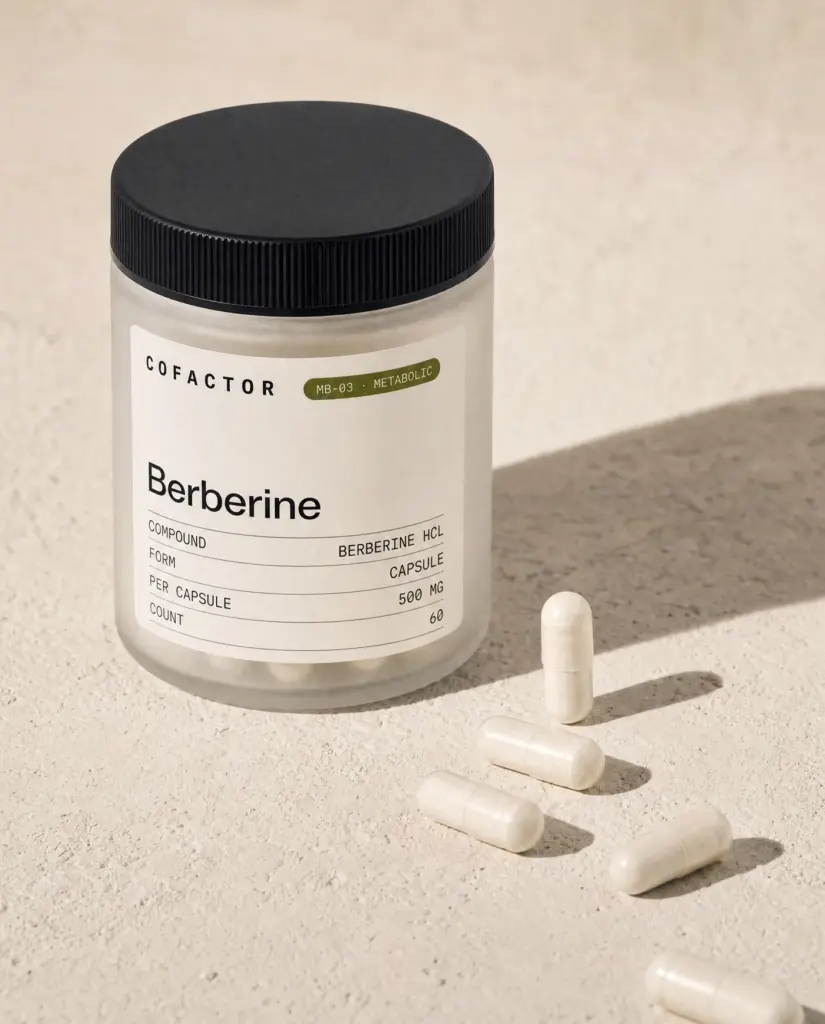 Berberine jar with several capsules on the surface beside it.
