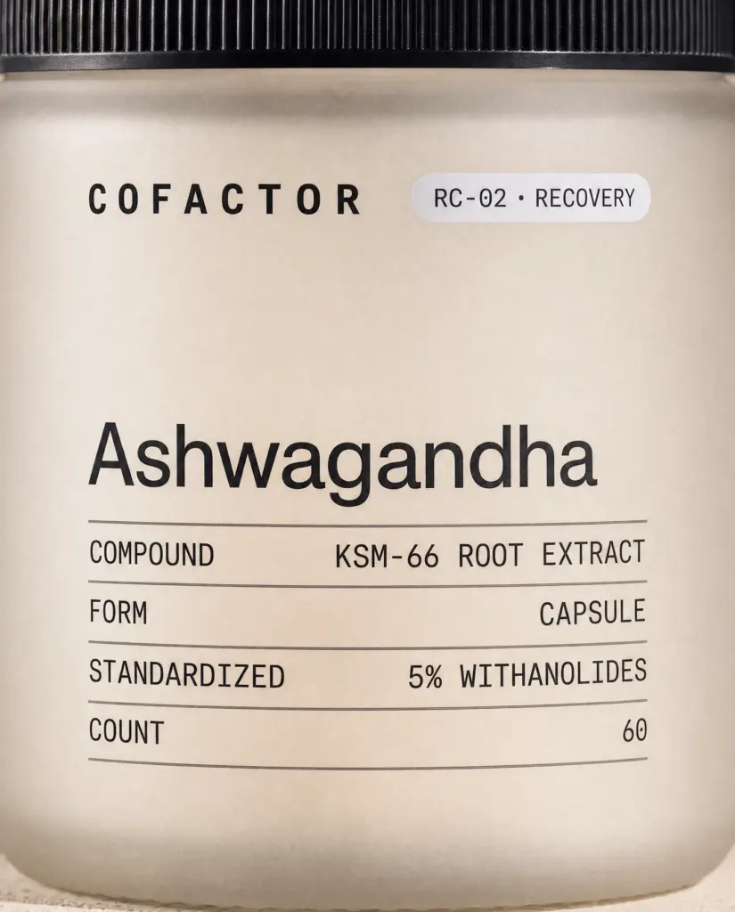 Close-up of the Ashwagandha front panel, showing the printed specification table.