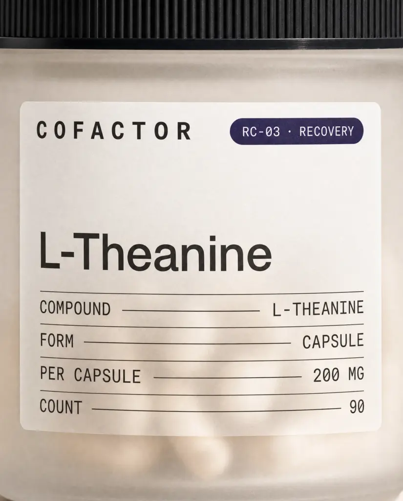 Close-up of the L-Theanine front panel, showing the printed specification table.