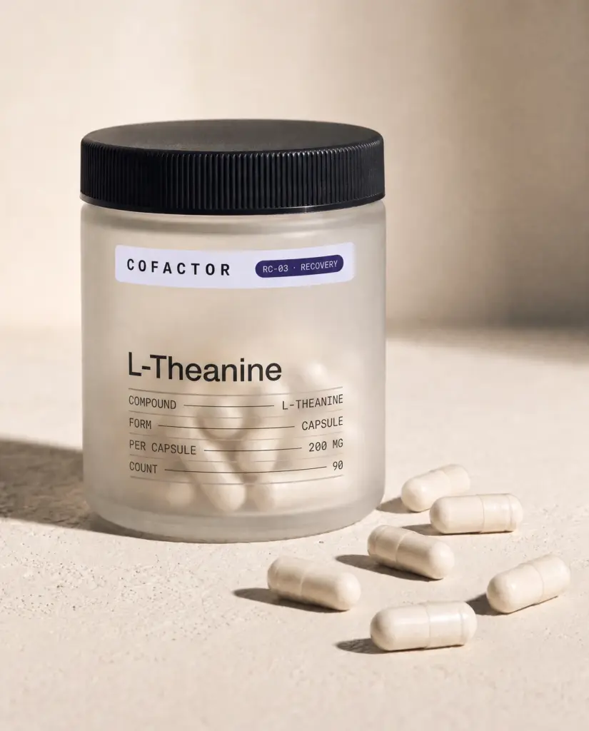L-Theanine jar with several capsules on the surface beside it.