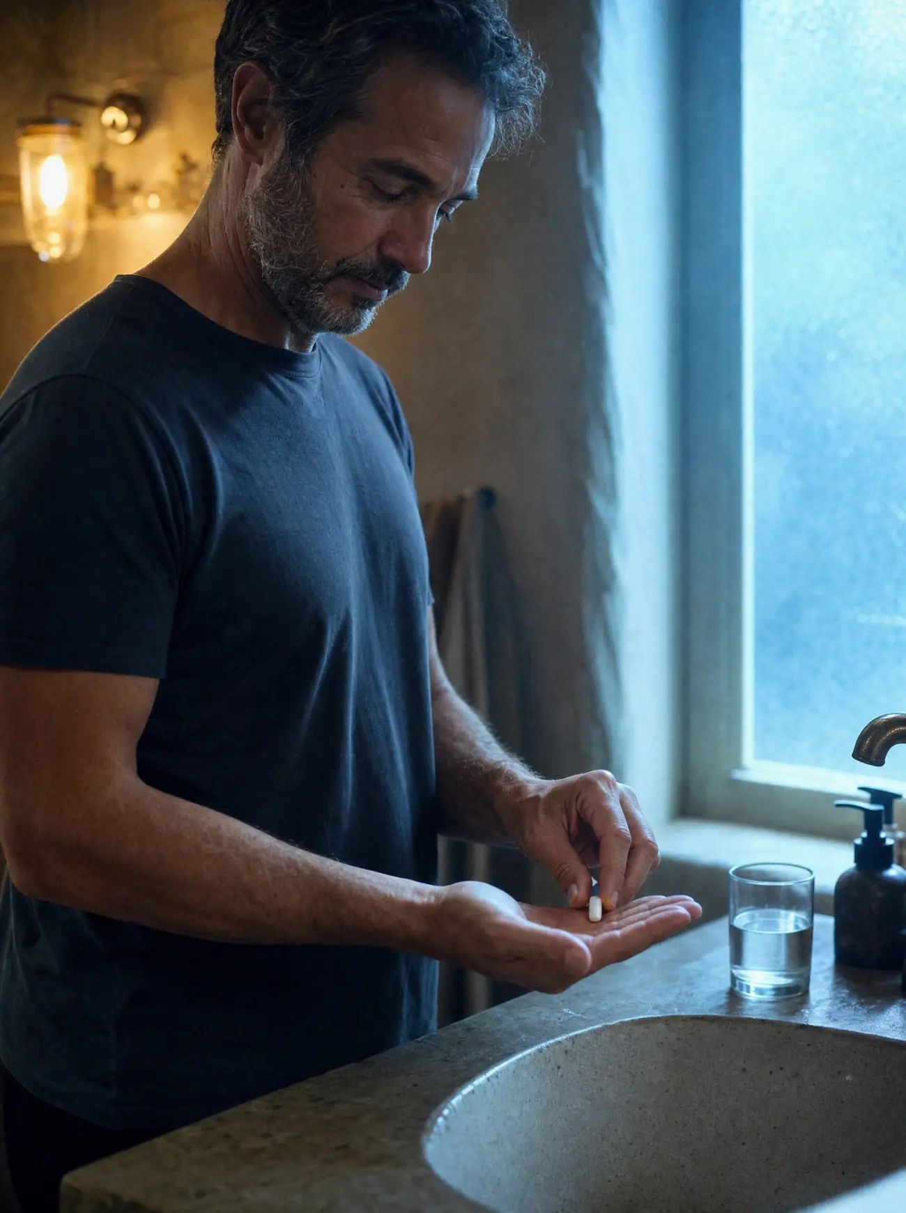 A man taking a capsule at a bathroom basin in early light