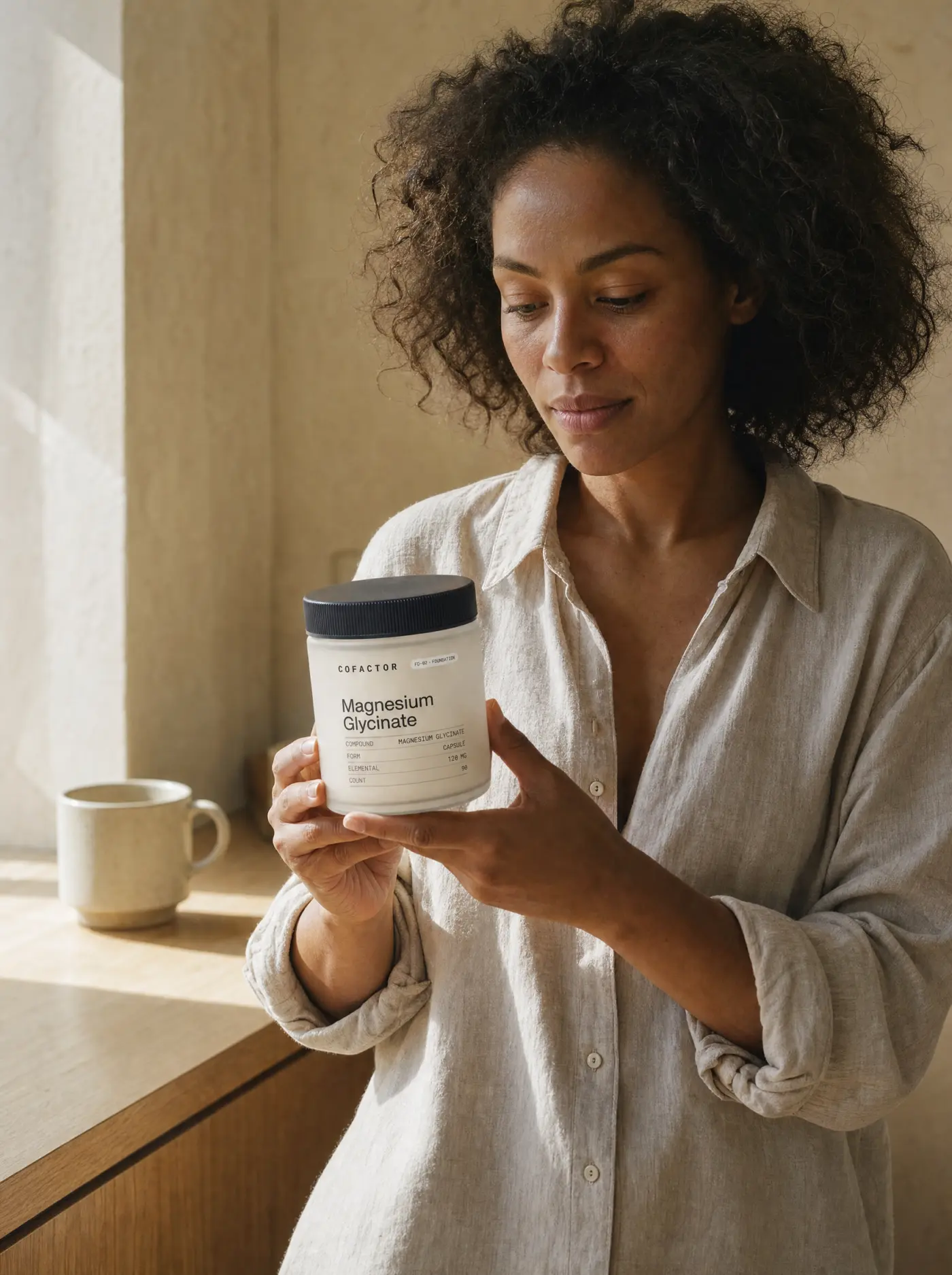 Someone holding a jar at a kitchen counter, reading the label